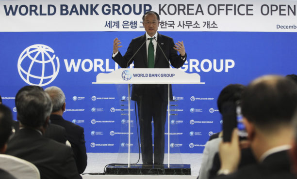 World Bank President Jim Yong Kim speaks at a ceremony opening the group's Korea office in Songdo, South Korea in December. 