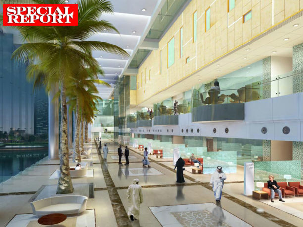 The gallery at the Cleveland Clinic Abu Dhabi , an ultra-modern multi-level space of 150,000 square feet, which will house retail stores and seating areas for hospital visitors.