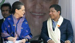 India National Congress Party Chief Sonia Gandhi with Mukul Sangma, chief minister of Meghalaya state.